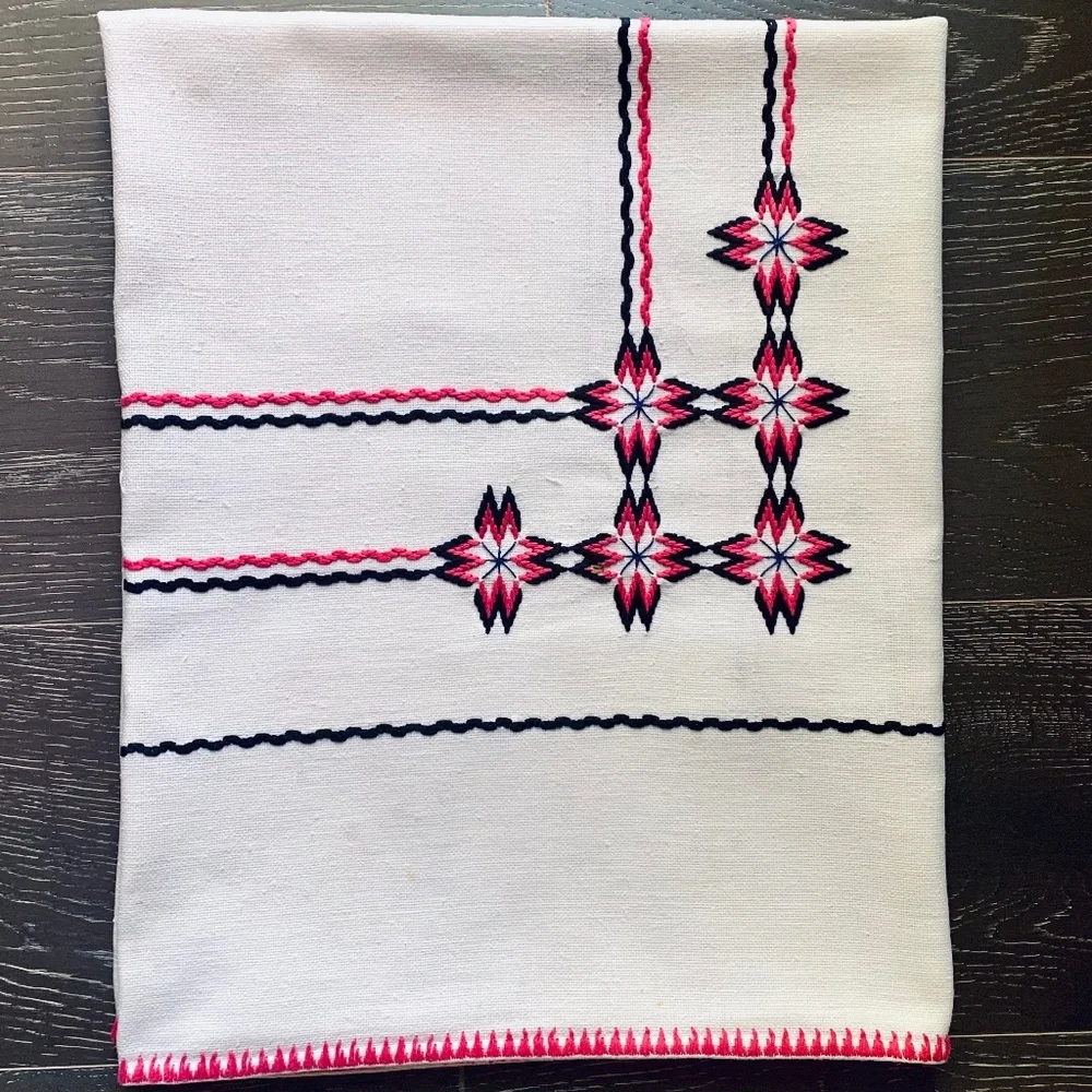 Vintage Hand Embroidered Linen Tablecloth 34x53,5  Pink Black Cross Stitch